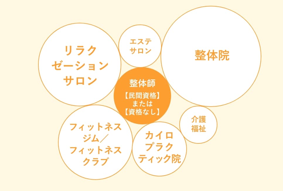 整体師の就職先を示す図。整体院、リラクゼーションサロン、カイロプラクティック院など